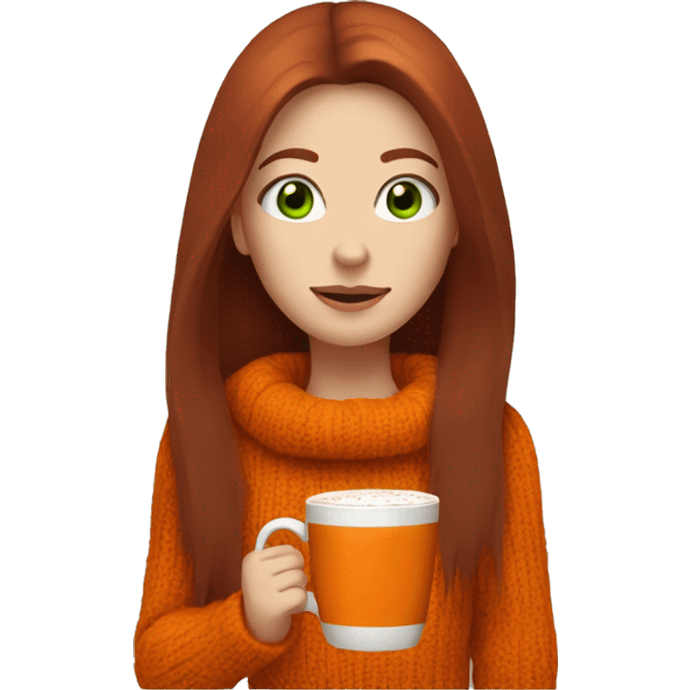 A dark redhead with straight long hair, a girl with green eyes in an orange sweater and a hot chocolate  emoji