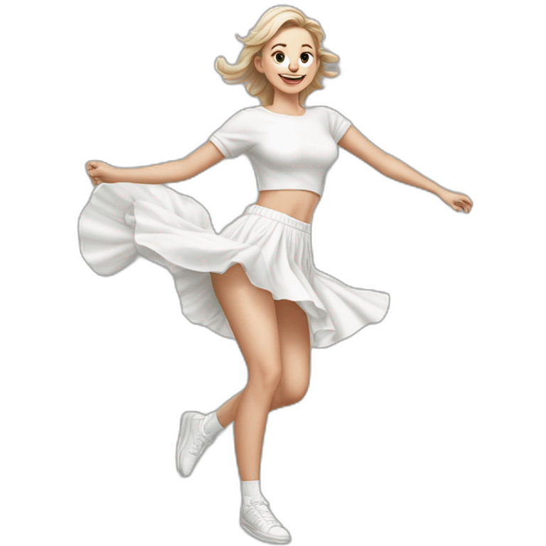 Hyperrealistic Full body Caucasian curvy beauty jumping short white skirt back and front views strong wind knickers long white socks emoji