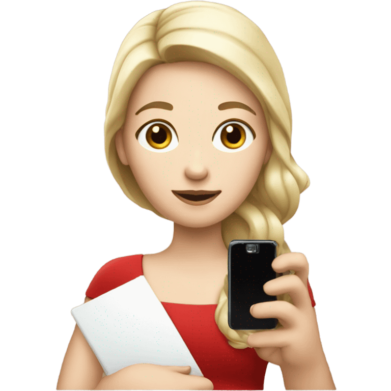 a white skin  girl in a red dress holding a cell phone emoji