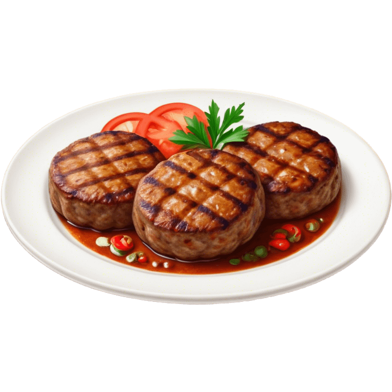 Cinematic Realistic image of Turkish Köfte, presented as perfectly formed, spiced meat patties with detailed textures and subtle grill marks, arranged artfully on a simple plate and illuminated by warm, appetizing lighting that accentuates their savory appeal. emoji