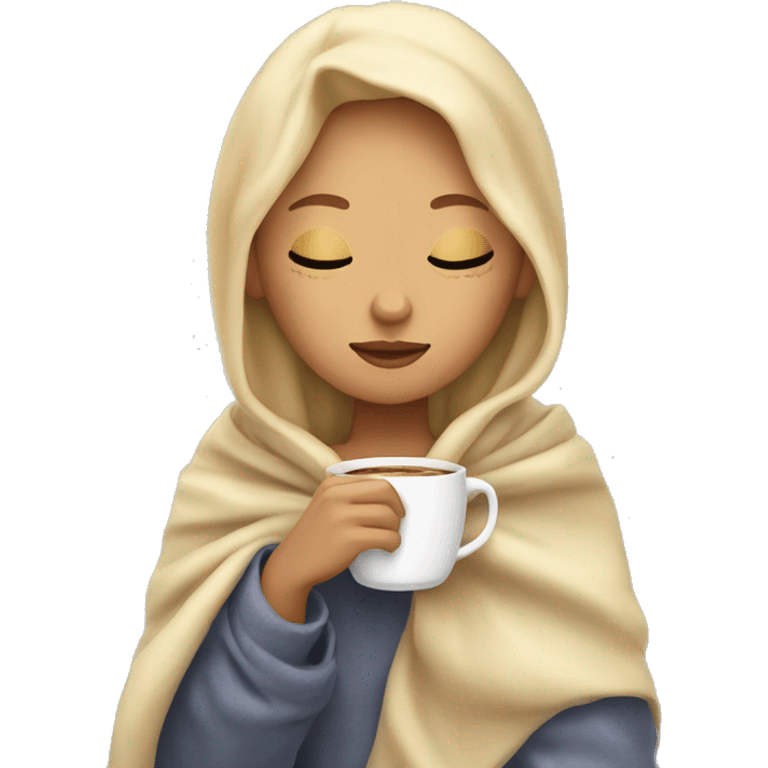 Blonde, light skin girl inside a blanket sipping coffee eyes closed emoji