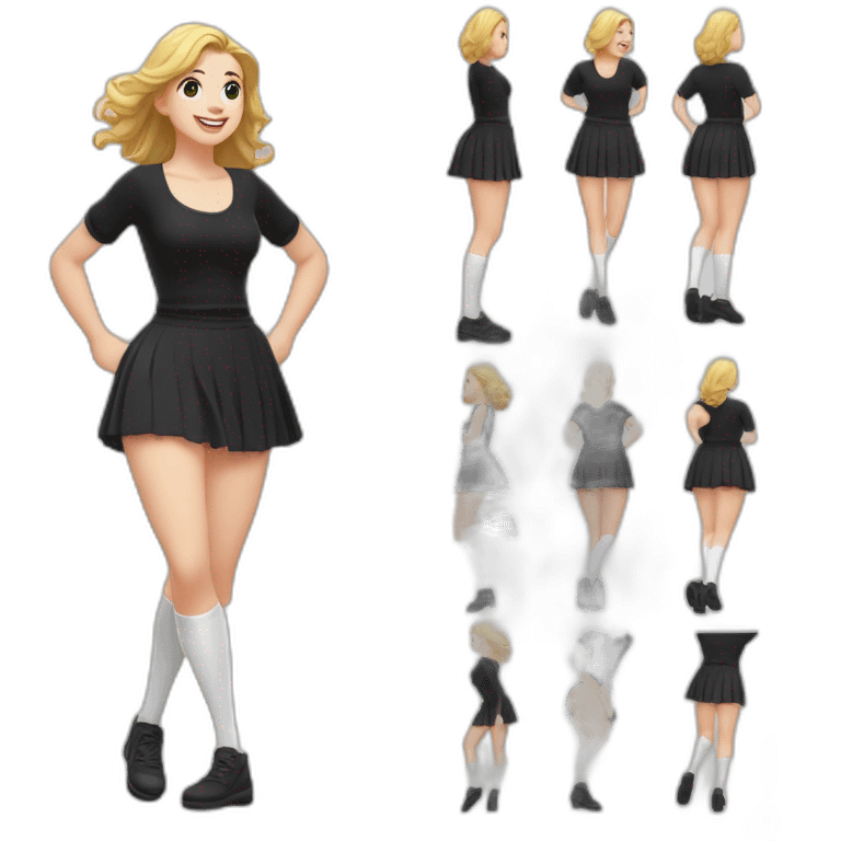 alistic-full-body-caucasian-curvy-beauty-jumping-short black-skirt-back-and-front-views-strong-wind-knickers-long-white-socks emoji