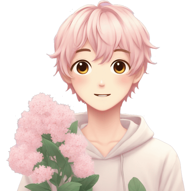 Gorgeous pastel anime style shojo guy with blushing face and flowers aesthetic trending style emoji