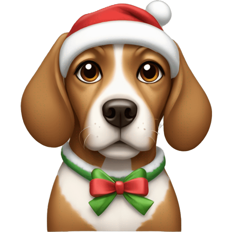 A brown cute dog wearing a Christmas hoodie and a bow on her head emoji