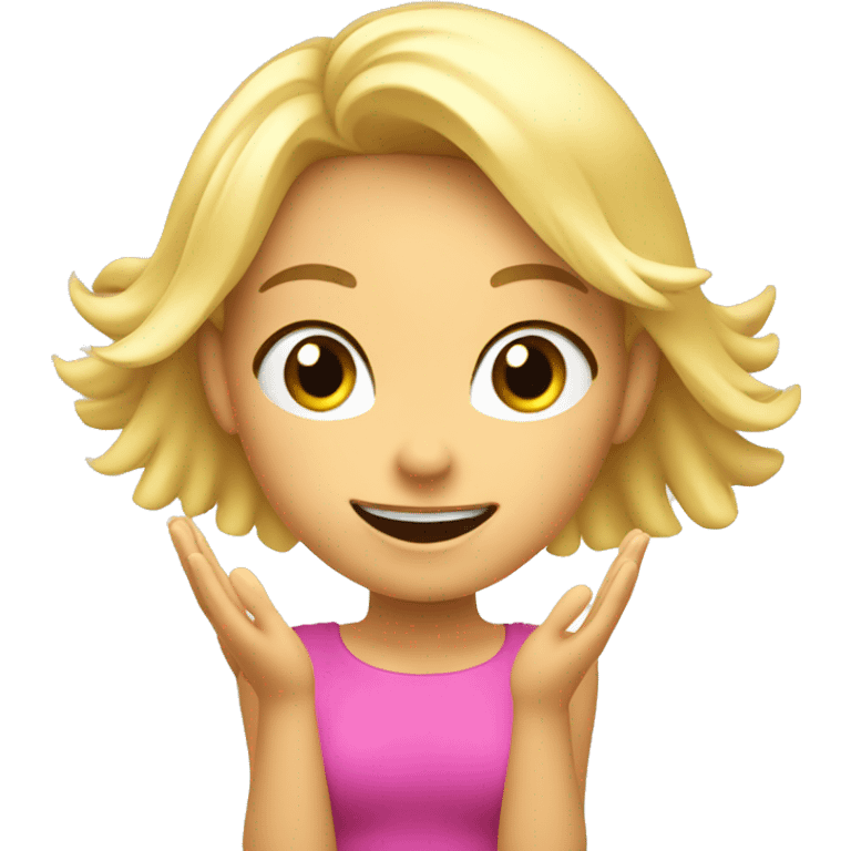 Blonde Girl with both hands open in the air. Happy, frontal view above waist only. Enjoying. Open hands showing palm emoji