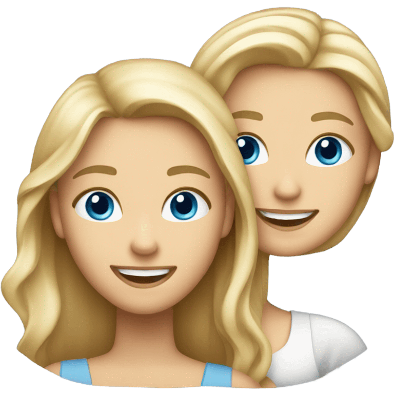 smiling two girls with blond and brunette hair and blue eyes in theater emoji