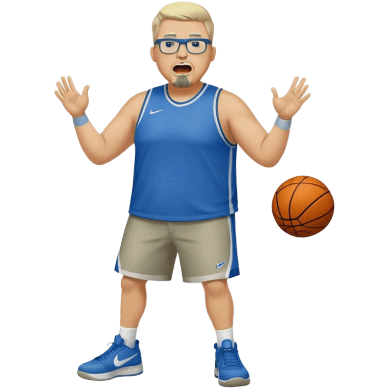 Full Body white male plus size wearing glasses with a goatee with light blonde and gray very short hair yelling basketball head Coach in blue and green wearing Nike  emoji