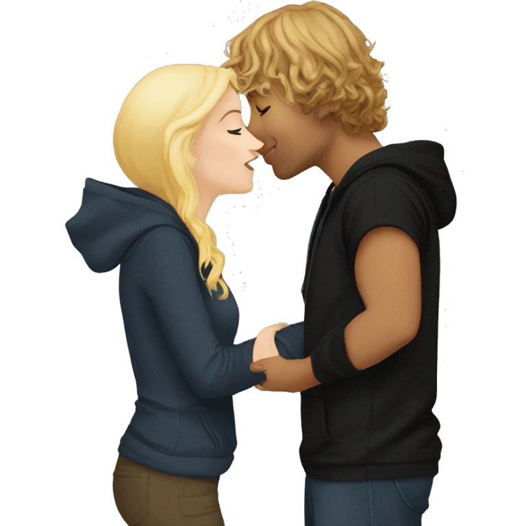 Pippin-hobbit wearing hoodie passionately kissing pretty blonde woman with black top emoji