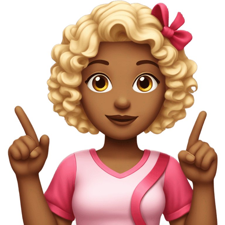 Realistic isolated female cupid character with short curly blonde hair holding up peace fingers with red and pink outfit and red bow in her hair. emoji