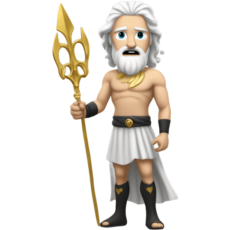 white man Poseidon with gold trident. long white hair white dress. black soot on face emoji