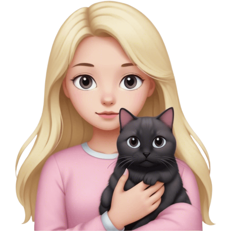 girl with blond long hair, grey eyes and fair skin in pink pastel clothes holds a black British cat in her arms emoji