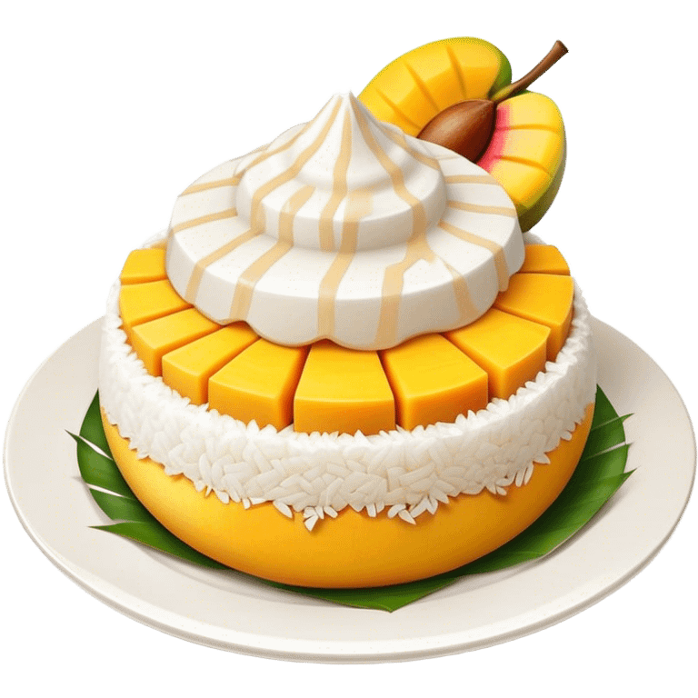 Mango Sticky Rice Cinematic Realistic Mango Sticky Rice Dessert Emoji, depicted as sticky rice drizzled with coconut milk topped with a layer of coconut cream, accompanied by sliced mango on the side of the plate, rendered with vivid textures and warm, tropical lighting. emoji