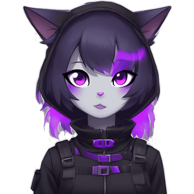 Gorgeous furry gothic dark techwear anime style anthro black cat furry sona Fakemon with blushing face aesthetic and pretty edgy black with violet collar and harness trending style emoji