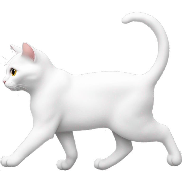 A white cat is walking to the left. It is seen from its profile  emoji