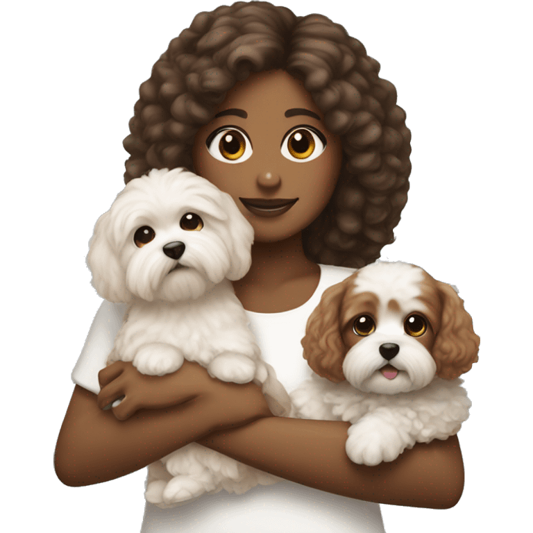 Brown girl holding Maltipoo with white patch emoji