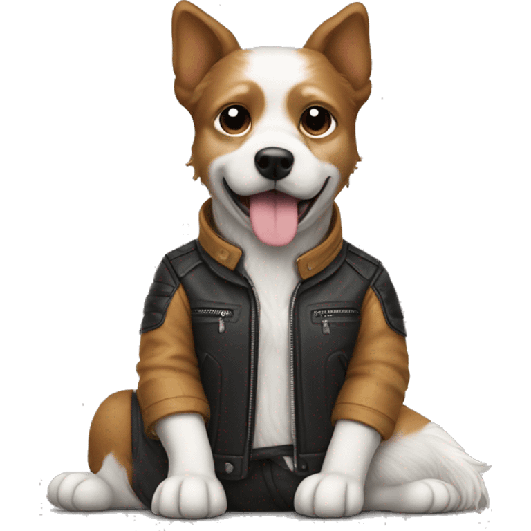 working with laptop small dog wearing moto jacket emoji