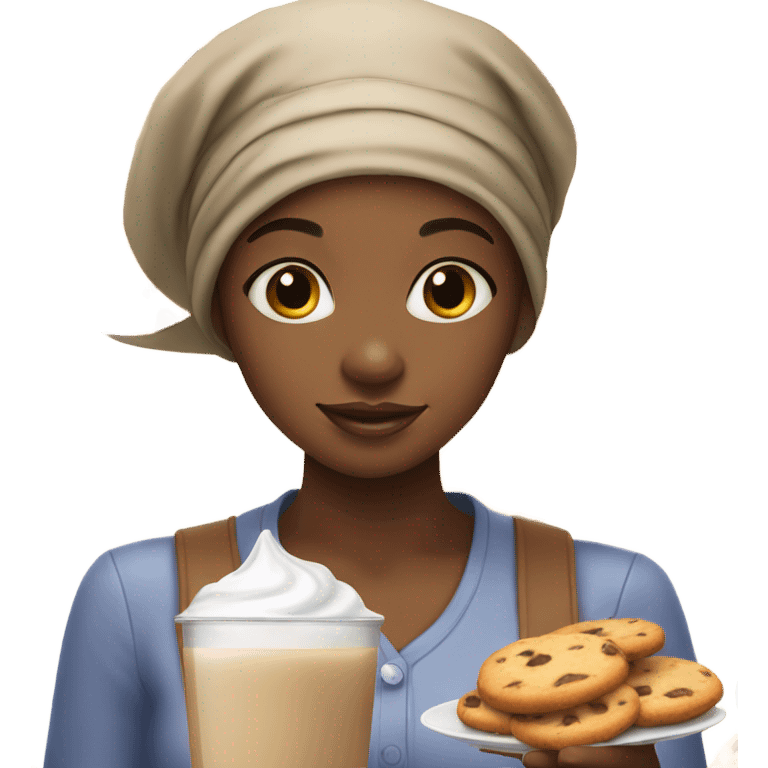 black girl wearing a bonnet eating cookies and milk emoji