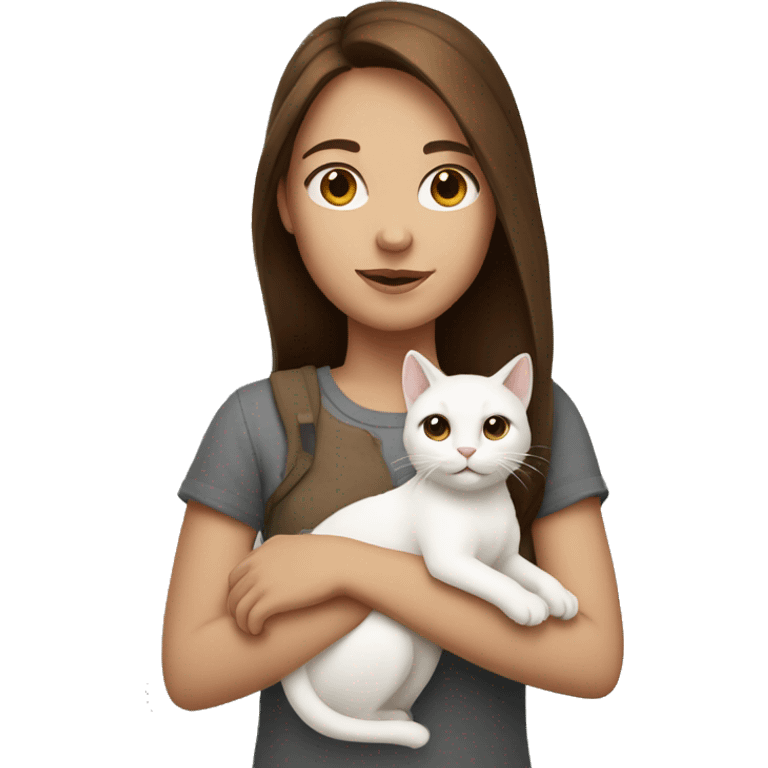 A girl with brown hair holding her white cat emoji