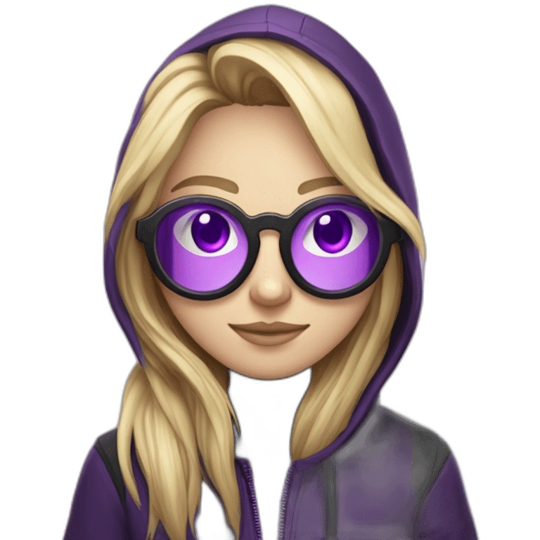 Girl blond developer  with round glasses right side behind his laptop with this style: Alan Walker Singer purple character purple black hooded hacker themed character emoji