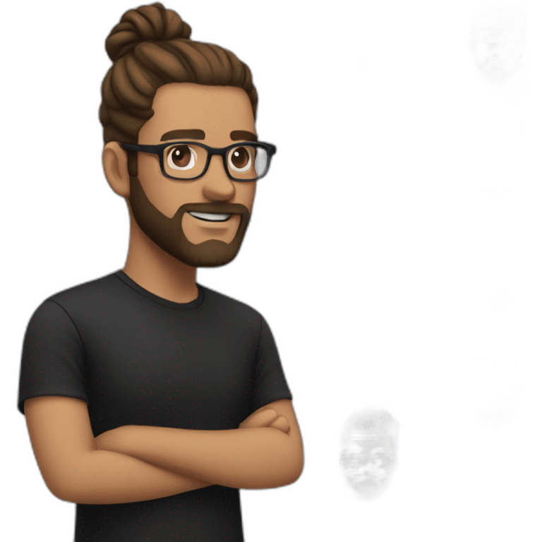 White Man with clear glasses brown hair and a black tshirt and a man bun and beard emoji