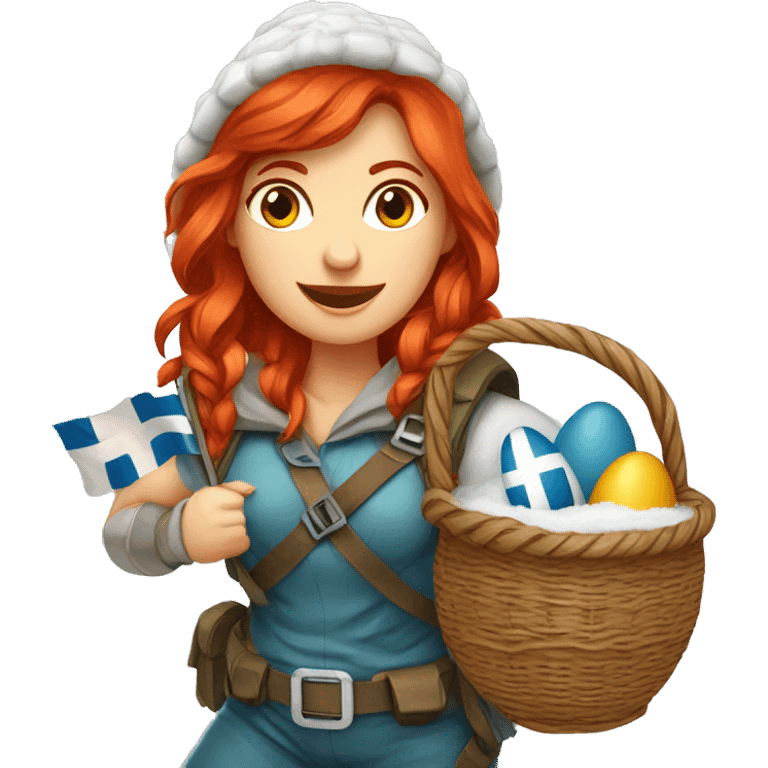 red hair female winter mountaineer climbing with Easter eggsbasket and Greek flag emoji