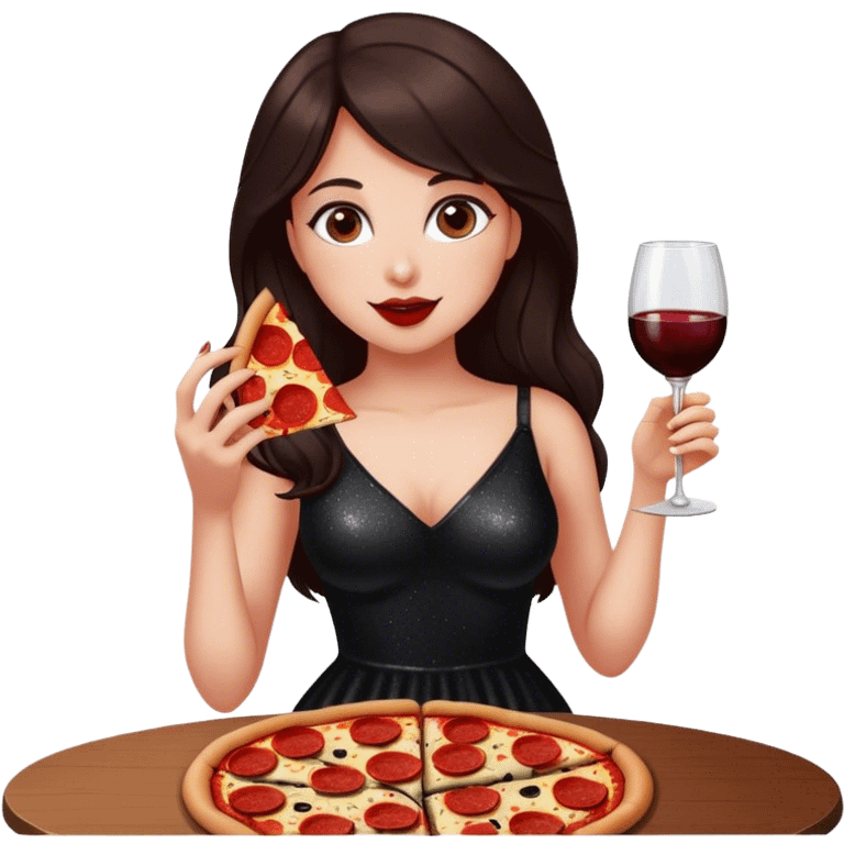 Beautiful woman in 1950’s woman fashion look, black shimmery dress, long dark brown hair, red wine, Pepperoni pizza emoji