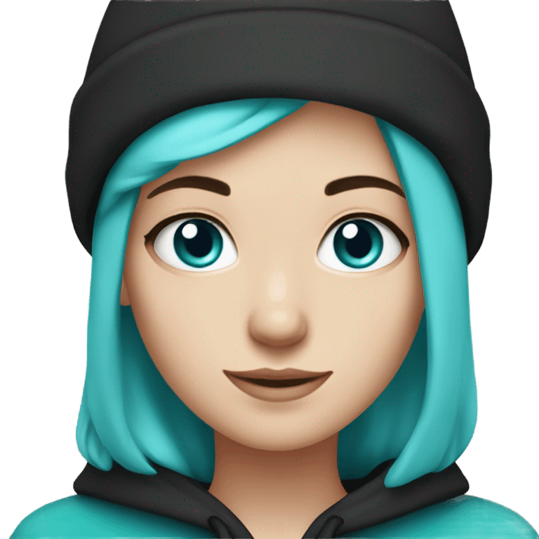 White girl, black hoodie, teal hair, purple beanie hat, blue eyes emoji