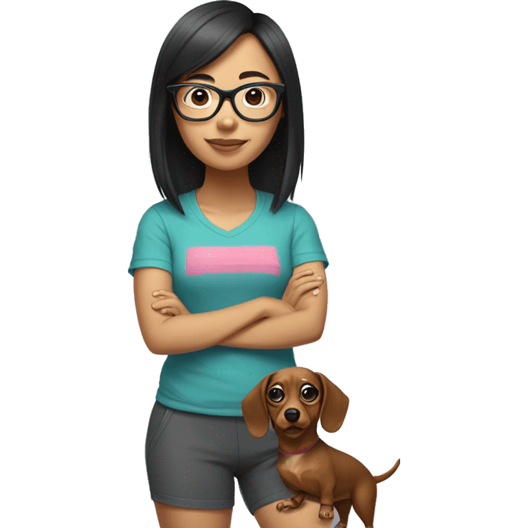 Short asian girl with glasses wearing workout shorts and tshirt and crocs holding a dachsund emoji