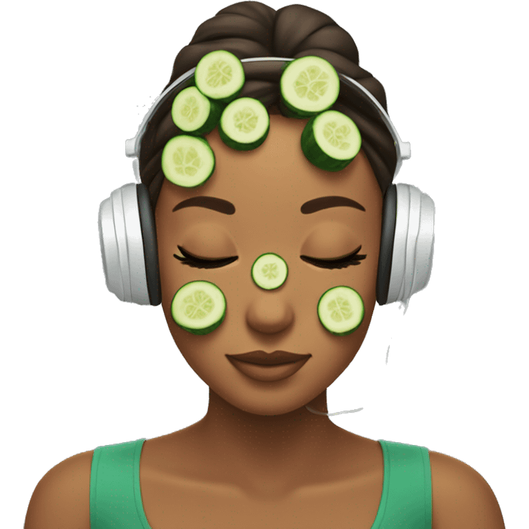 Girl relaxing with cucumbers in her eyes, bow in her hair and headphones  emoji