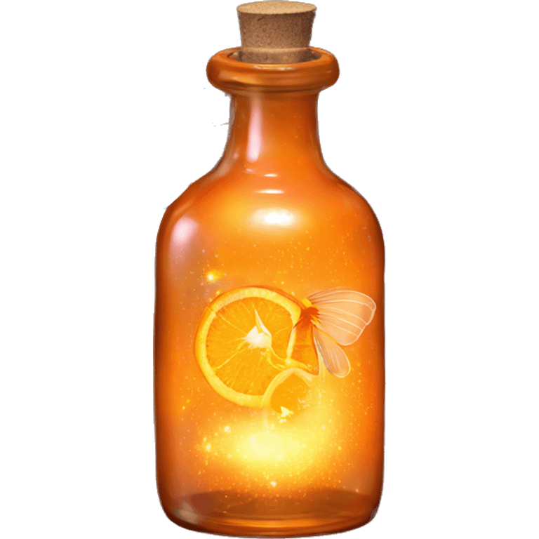 Orange magic fairy light sparkling old Antique bottle with poison and with herbal and flowers emoji