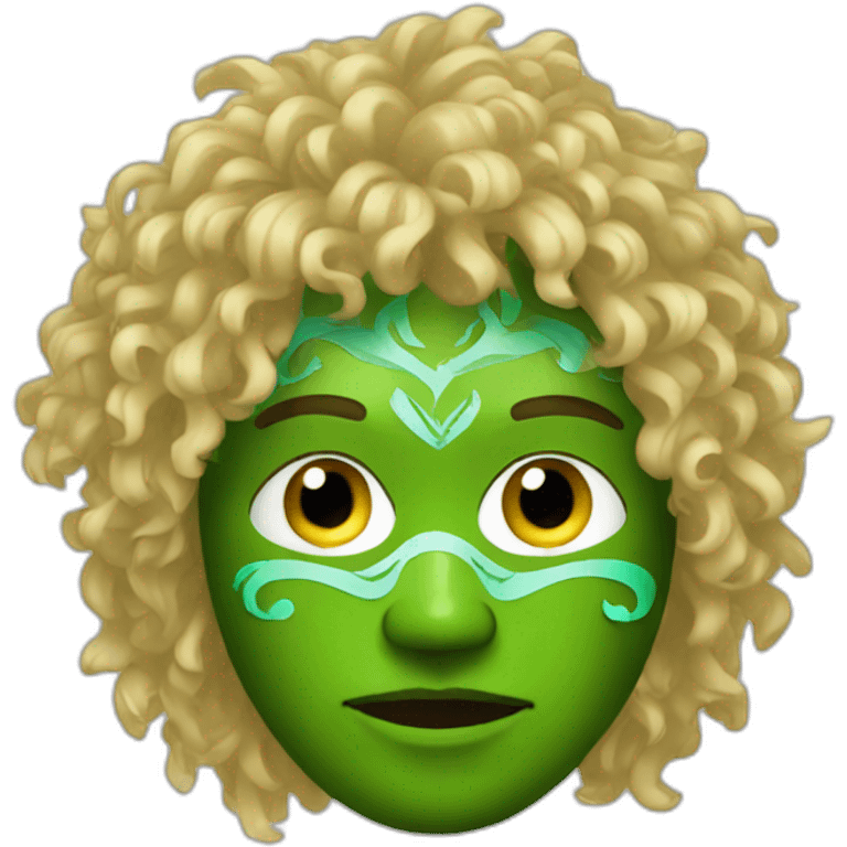 A man wearing a green tribal mask with medium length blonde curly hair emoji