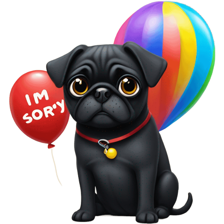 Black pug  and a ballon that says  “I’m sorry” emoji