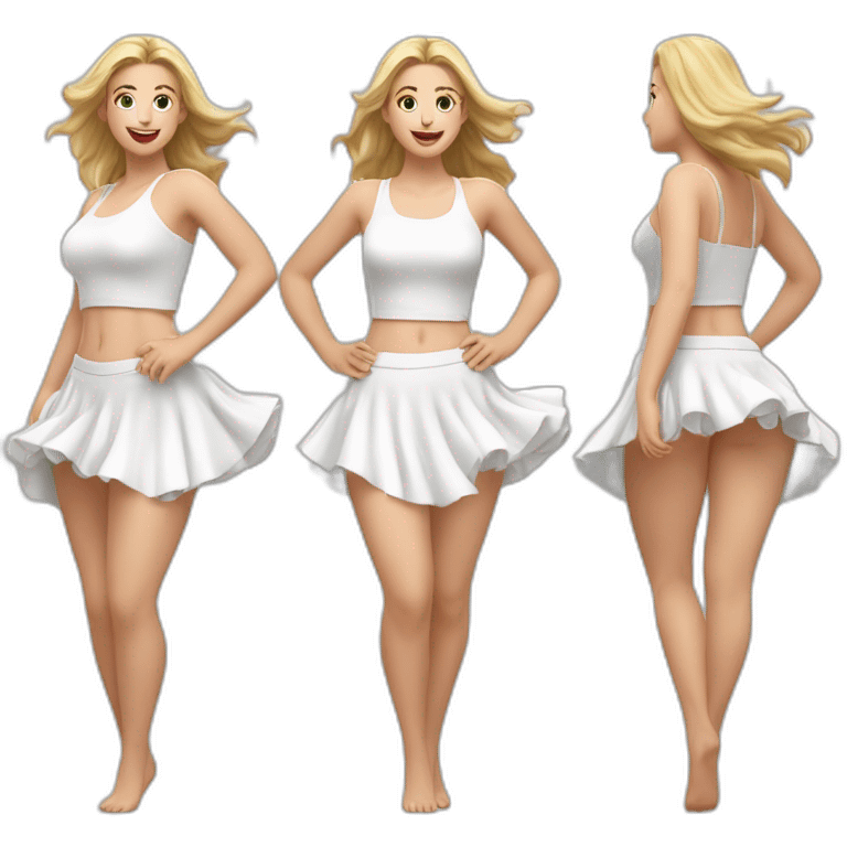 Hyperrealistic Full body Caucasian curvy beauty jumping white skirt back and front views strong wind emoji