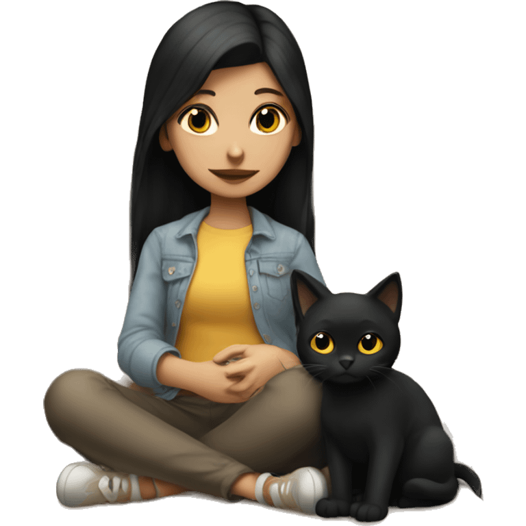 dark haired girl sitting with a black cat in her lap emoji