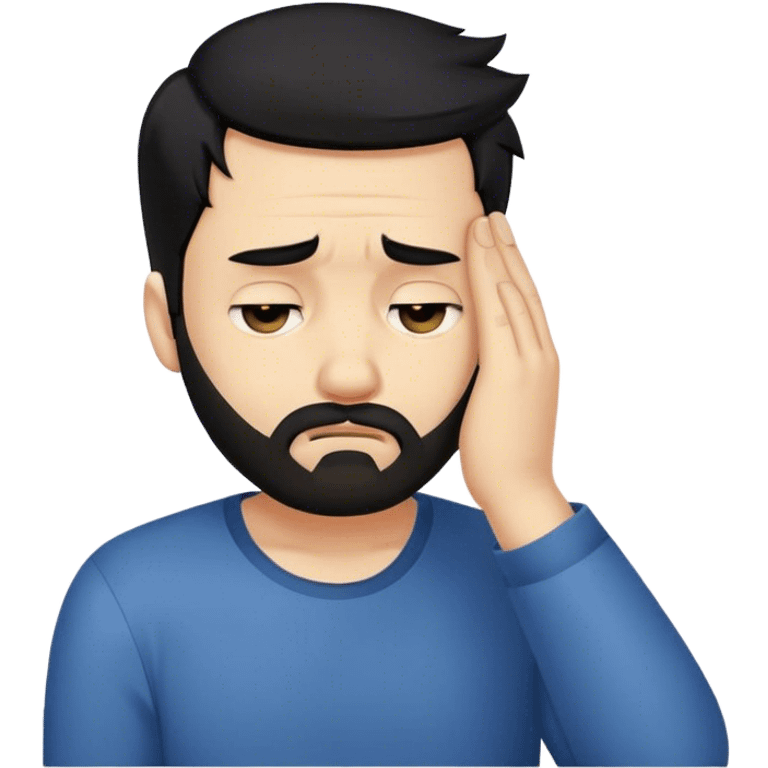 Facepalm emoji with disappointed expression, trimmed beard, medium-length black hair, short sides, hair forward emoji