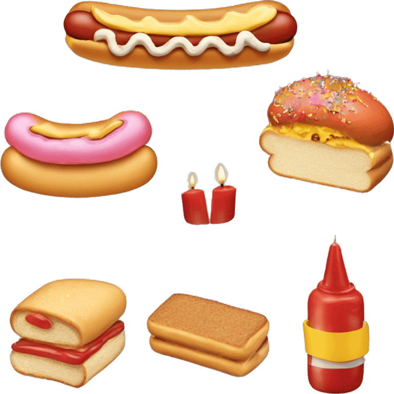 A hotdog with mustard, tomato ketchup, cake sprinkles, icing, a bun, candles, wheels, and a face emoji