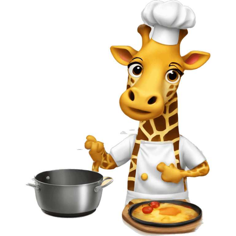 Giraffe wearing a chef hat and apron, cooking in a kitchen. emoji