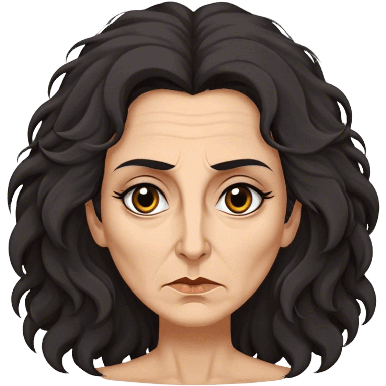 Mirri Maz Duur is a weathered, age 50 woman with deep-set dark eyes, high cheekbones, and a sharp nose, giving her a stern, knowing expression. Her long, unkempt dark frizzy hair  falls loosely over her shoulders emoji