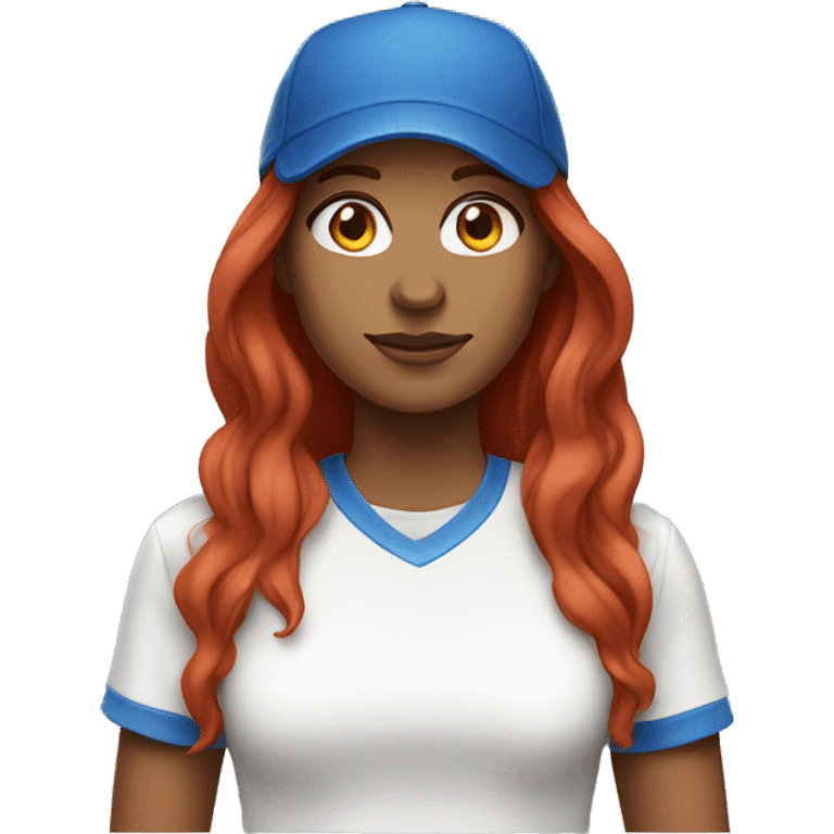 front facing standing female coach with long red hair, wearing a white t-shirt and a simple blue hat emoji