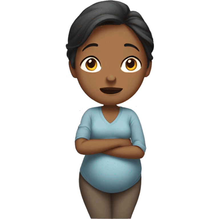 A pregnant woman facing forward and shrugging her shoulders with her palms raised. emoji