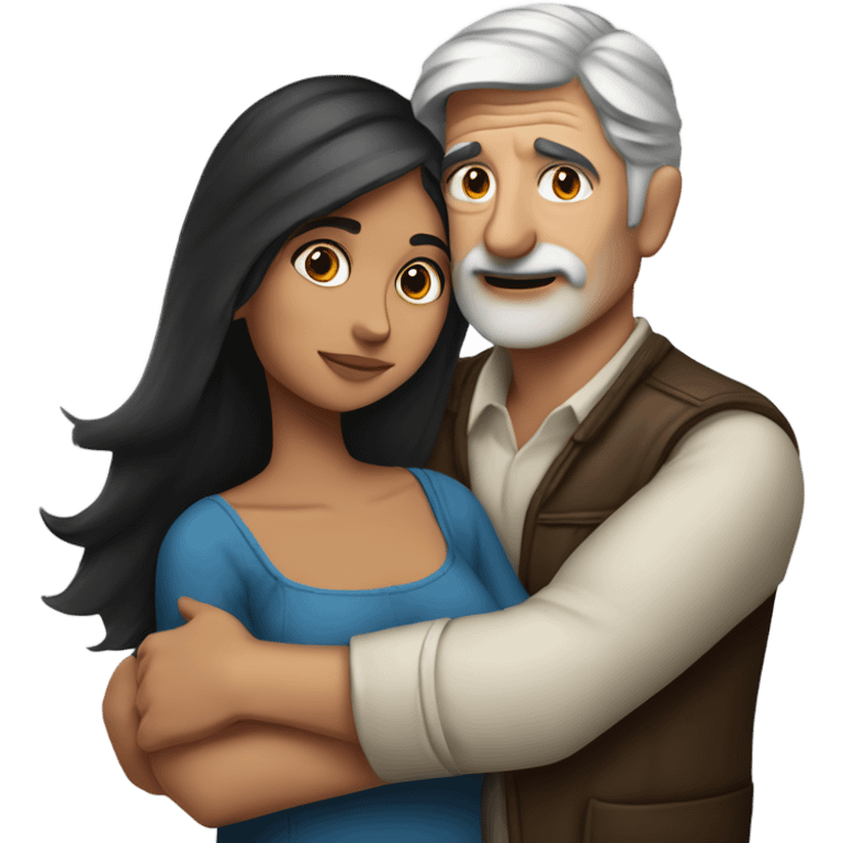 Gray haired blue eyed man hugs dark haired Mexican girl emoji