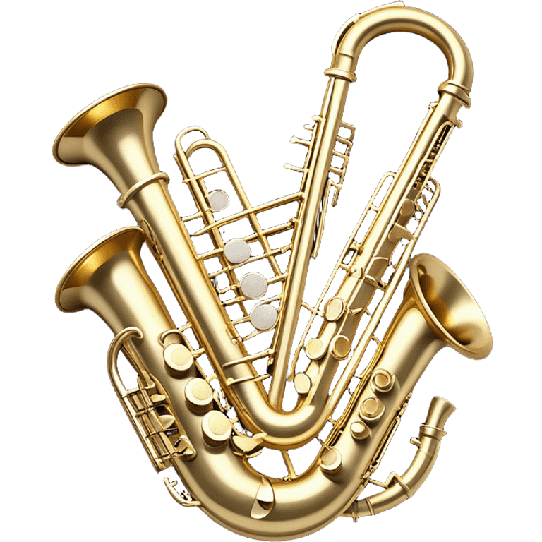 Design a complex, festive, and professional emblem-like emoji representing wind instruments. The composition should resemble a heraldic crest, featuring iconic wind instruments such as a trumpet, saxophone, clarinet, flute, and trombone, arranged symmetrically in a balanced and elegant layout. The instruments should intertwine with a flowing ribbon of musical notes, gracefully weaving around the brass and wooden bodies, emphasizing movement and harmony. Use intricate details such as polished metal surfaces, decorative engravings, and realistic textures to enhance the premium feel. The design should have a regal and celebratory color palette, with gold and silver highlights, deep wood tones, and subtle reflections. Additional ornate elements like laurel wreaths, elegant flourishes, or a subtle glow can be incorporated to emphasize the prestigious and musical essence of the emblem. The background should be transparent to allow for seamless integration into various designs. emoji