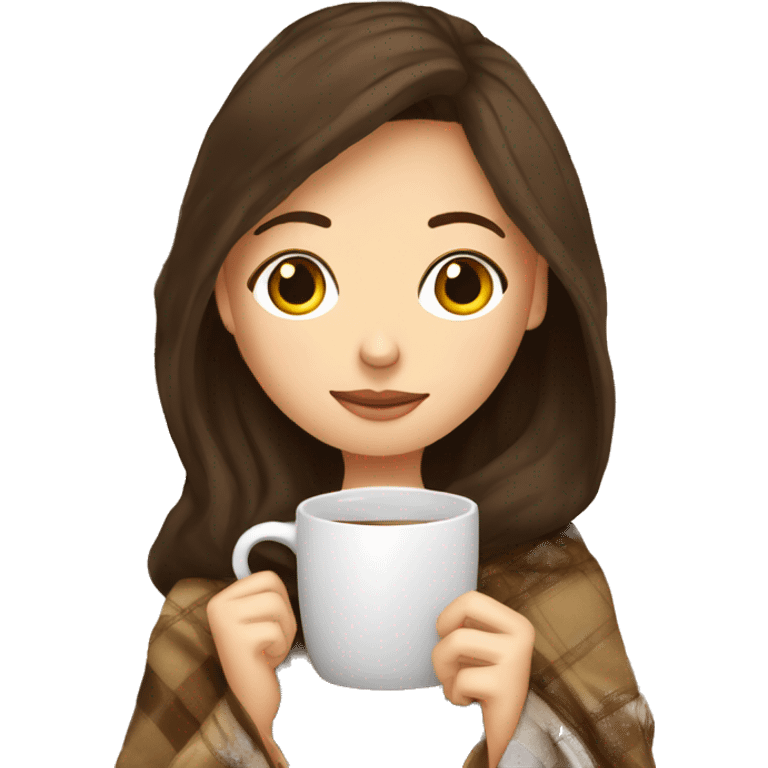 brunette white girl under plaided blanket with coffee cup emoji