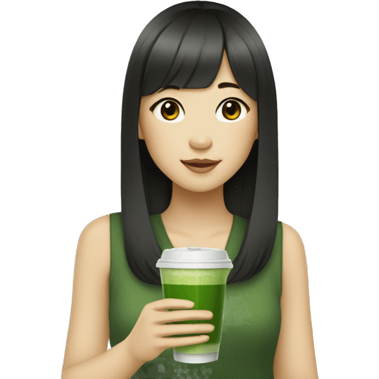 Asian girl with long hair, light skin, dark eyes, and bangs drinking matcha   emoji