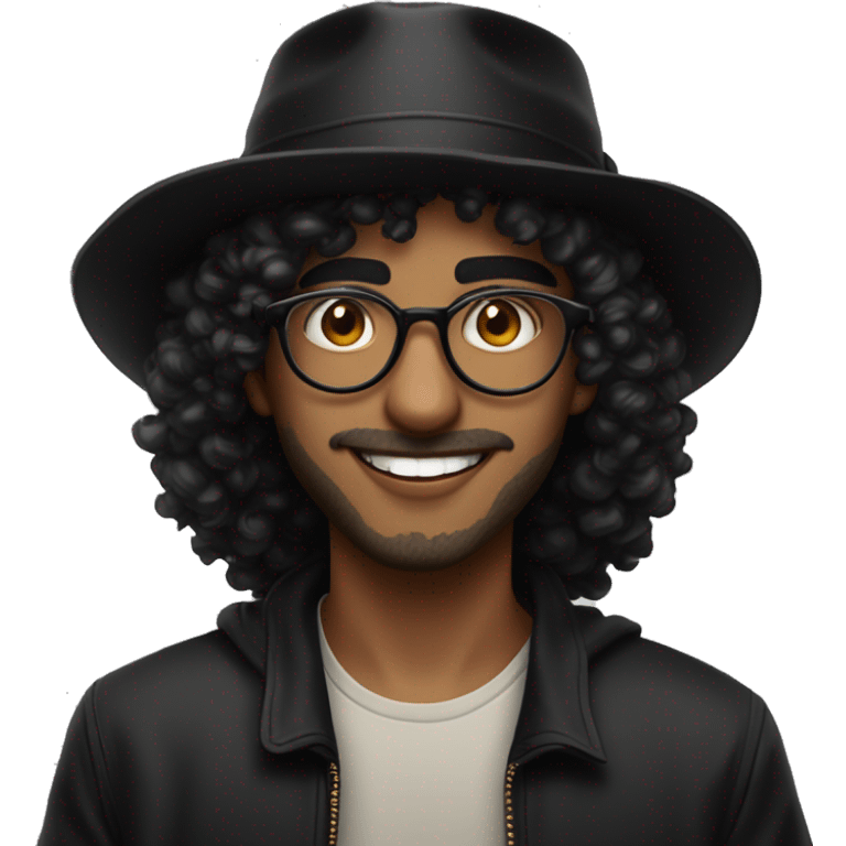 young arab guy with square gold transparent thin glasses, big lips, no beard, a lil bit mustache, curly hair and a black fishing hat, not too dark skin, smiling with  vampire teeth like emoji