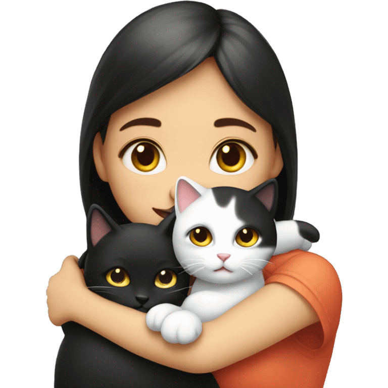 Girl hugs tricolor  and black and white two cat emoji