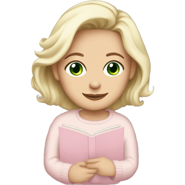 Pretty Green eyed white girl with light pink sweater reading cozy emoji