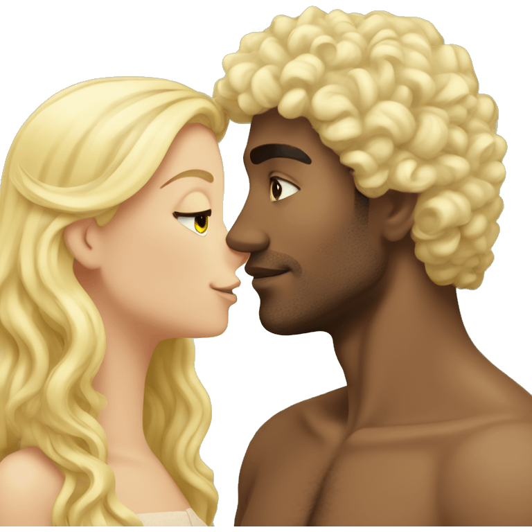 Tanned curly black hair man kisses a blonde girl with straight hair  emoji