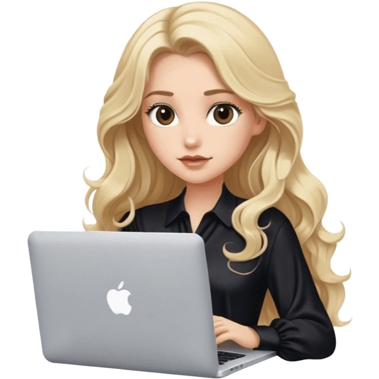 Blonde model with brown eyes, long wavy hair, black silky blouse, typing on MacBook  emoji