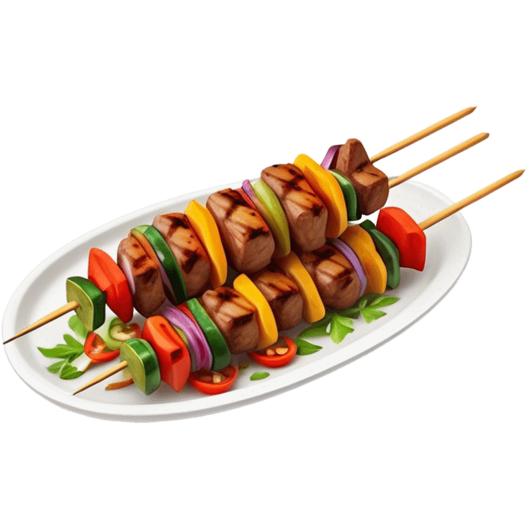 Cinematic Realistic Shish Kebab Dish Emoji, showcasing skewered, grilled meat with vibrant vegetables rendered with dynamic textures and warm, inviting lighting. emoji